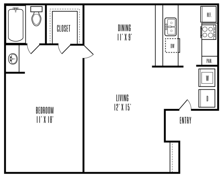 the floor plan for a one bedroom apartment at The Hive