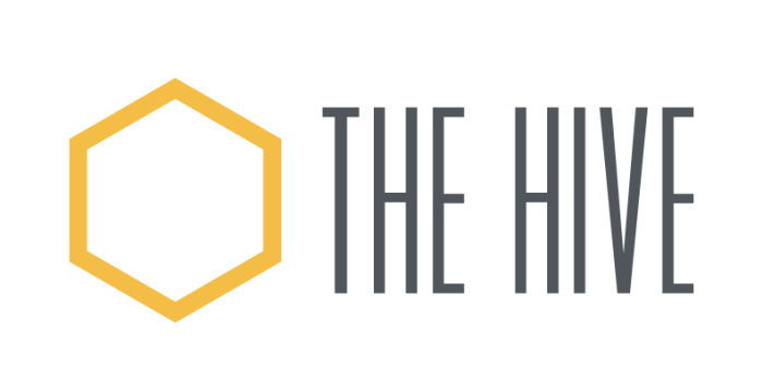 the hive logo with a yellow hexagon at The Hive